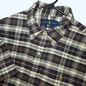 Ralph Lauren Slim Fit Mens Large Short Sleeve Plaid Button Down Shirt Blue White